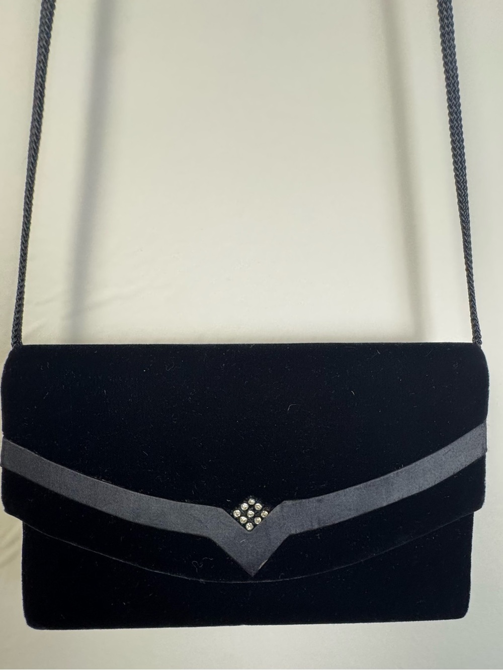 VNTG La Regale‎ Black Evening Bag Velvet Clutch Shoulder Purse Rhinestone Accent